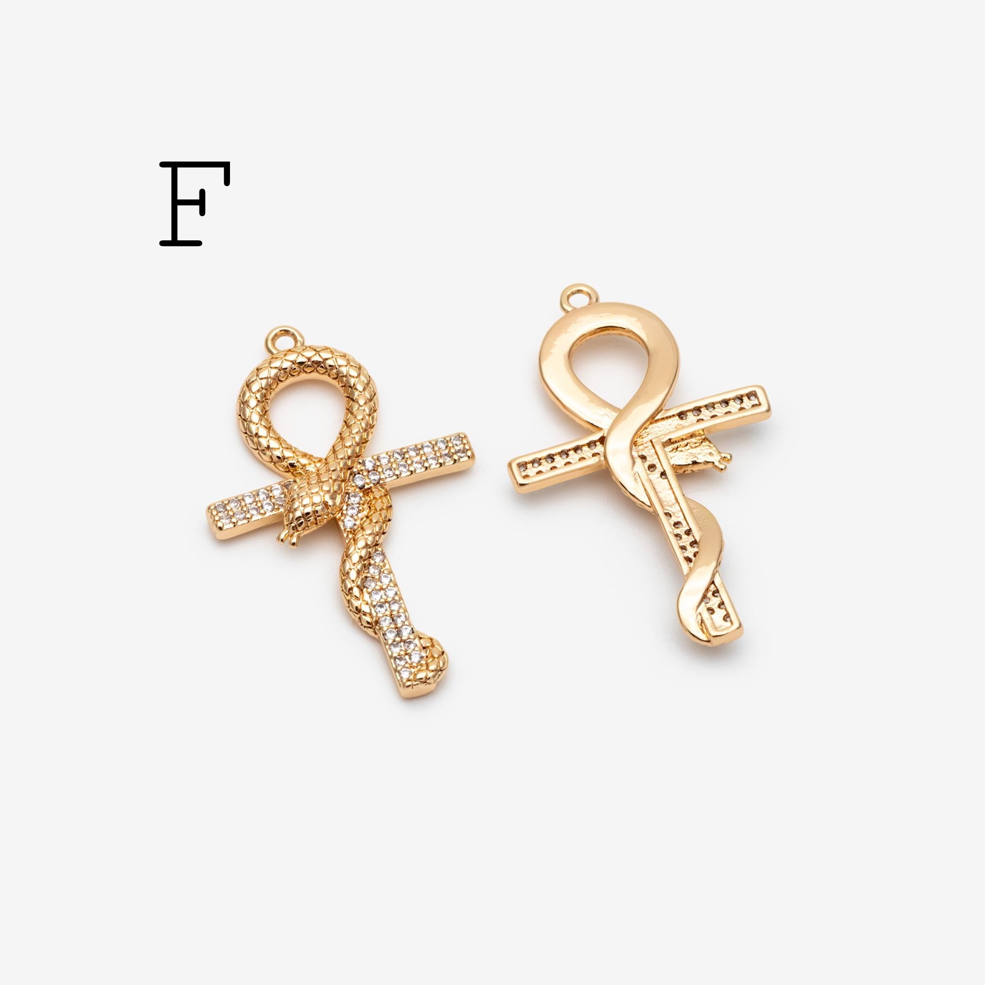 4pcs CZ pave Gold Cross Pendant, Christian Cross Pendant, Snake Charms, Ankh, Jewelry Supplies (GB-2288)